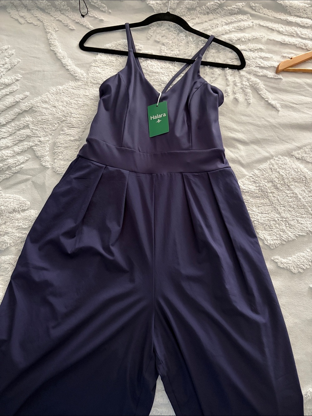 HALARA Deep Navy V-Neck Wide-Leg Jumpsuit with Spaghetti Straps